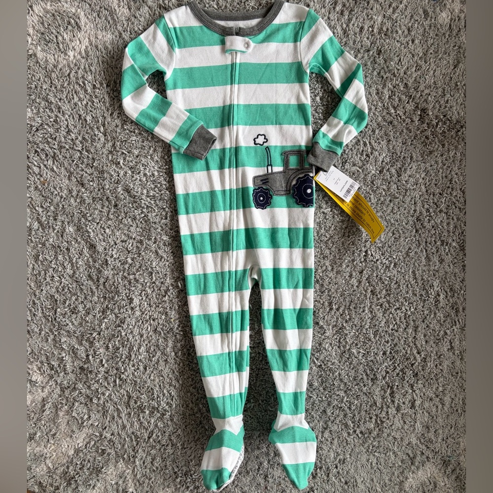 NWT• Carter’s Tractor Snug Fit Footie Pajamas | Green/ White Striped | 24m